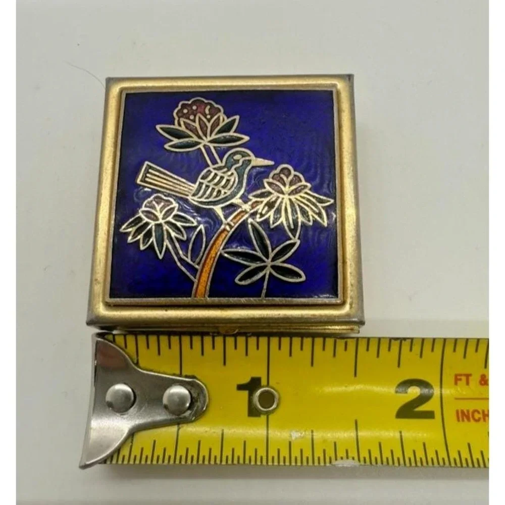Vintage Guilloché Enamel Bird Cobalt Pill Box – Gilt Metal Trinket Compact ~1.5